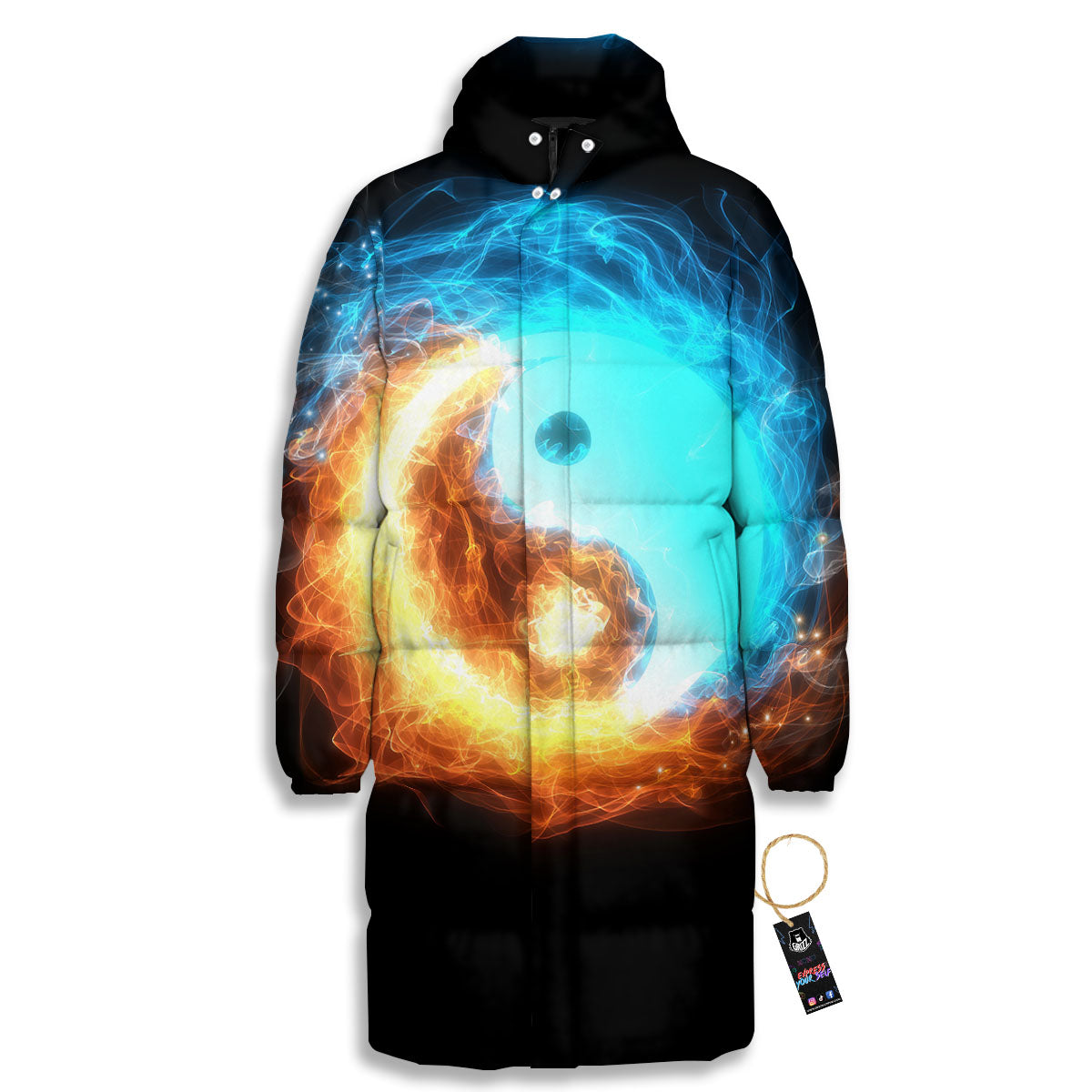 Ice And Fire Sparkle Yin Yang Print Long Down Jacket-grizzshop