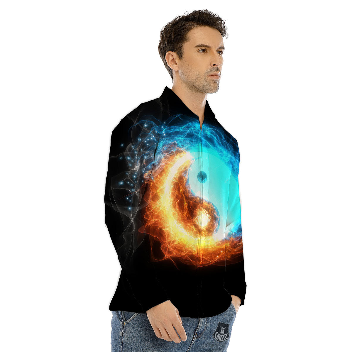 Ice And Fire Sparkle Yin Yang Print Men's Dress Shirts-grizzshop