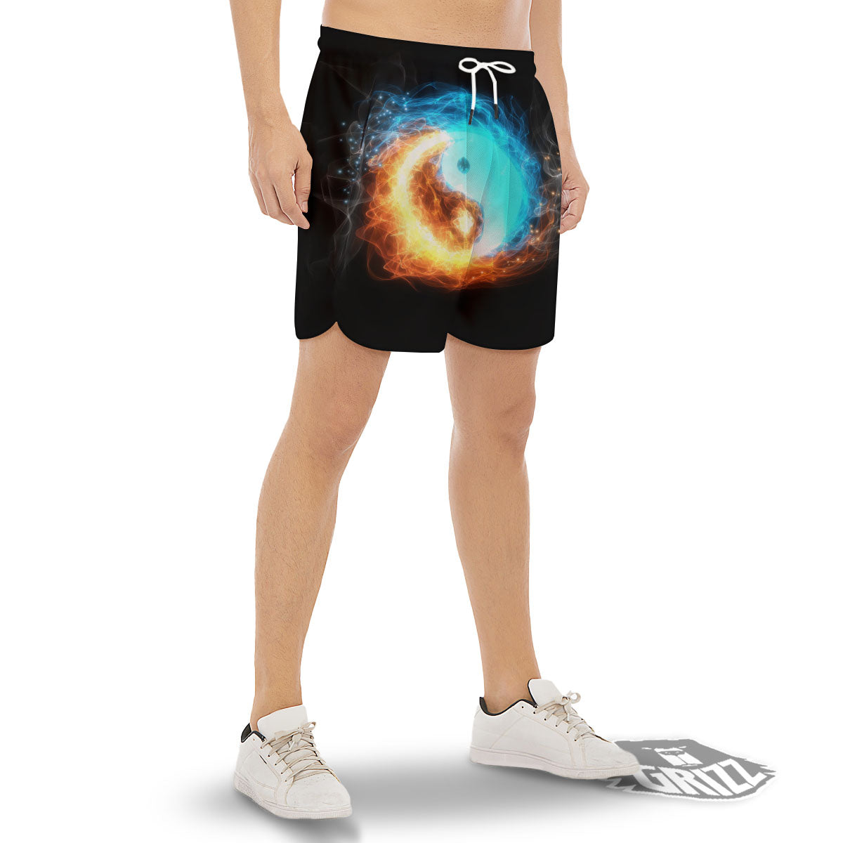 Ice And Fire Sparkle Yin Yang Print Men's Gym Shorts-grizzshop