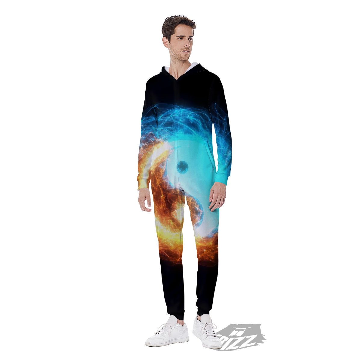 Ice And Fire Sparkle Yin Yang Print Men's Jumpsuit-grizzshop