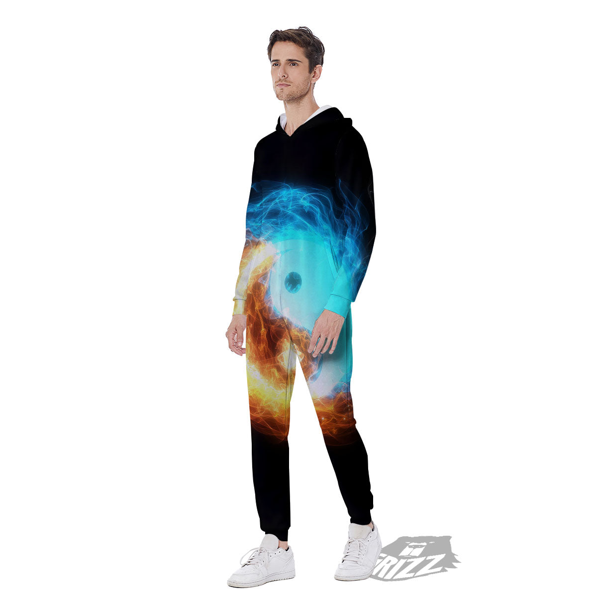 Ice And Fire Sparkle Yin Yang Print Men's Jumpsuit-grizzshop