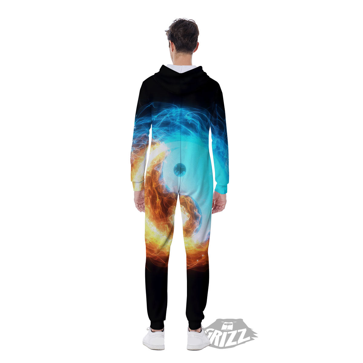 Ice And Fire Sparkle Yin Yang Print Men's Jumpsuit-grizzshop