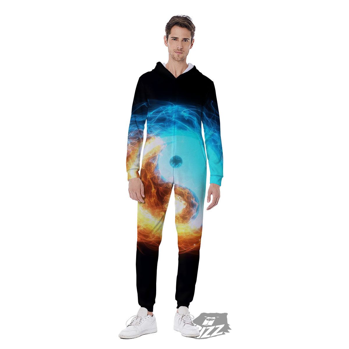 Ice And Fire Sparkle Yin Yang Print Men's Jumpsuit-grizzshop
