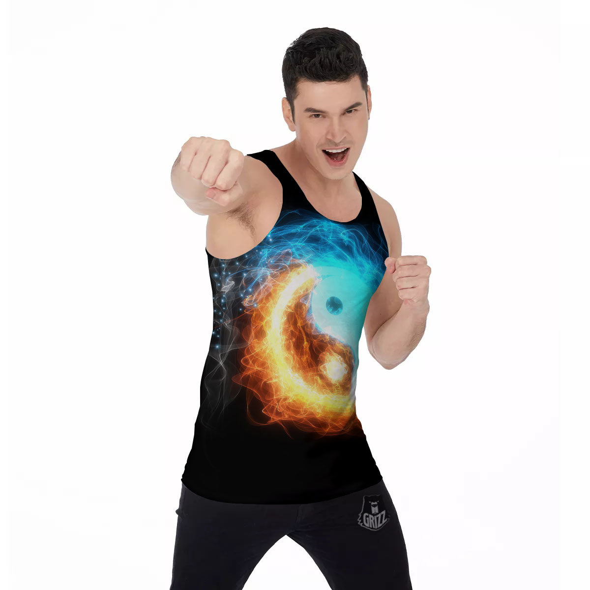 Ice And Fire Sparkle Yin Yang Print Men's Tank Top-grizzshop