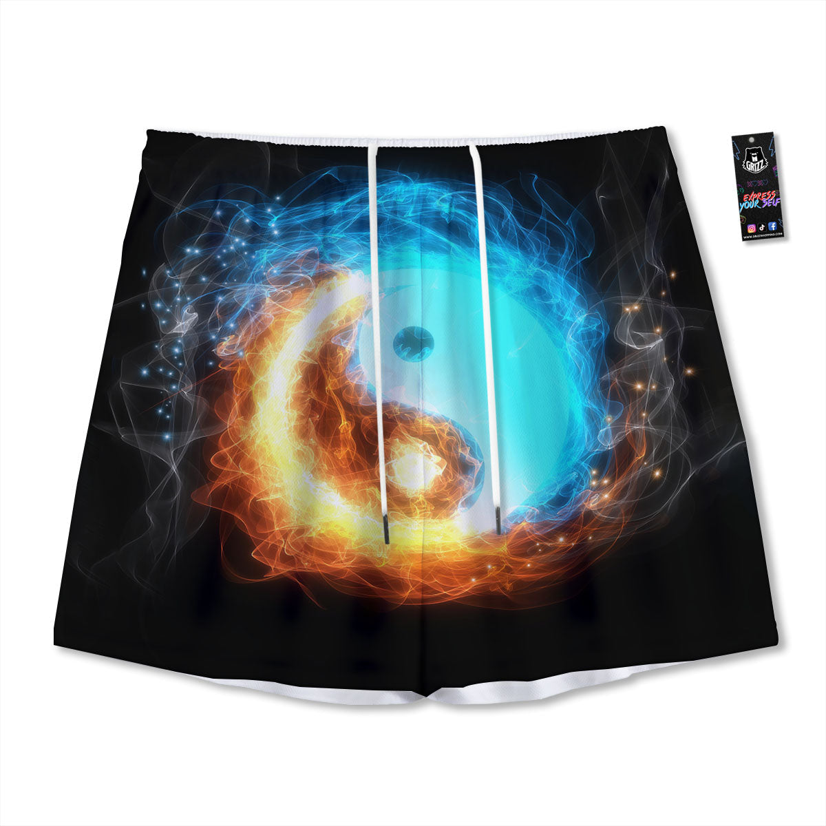 Ice And Fire Sparkle Yin Yang Print Mesh Shorts