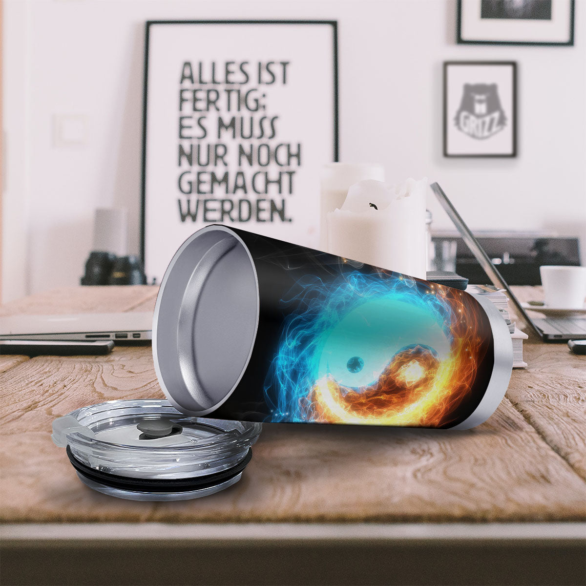 Ice And Fire Sparkle Yin Yang Print Tumbler-grizzshop
