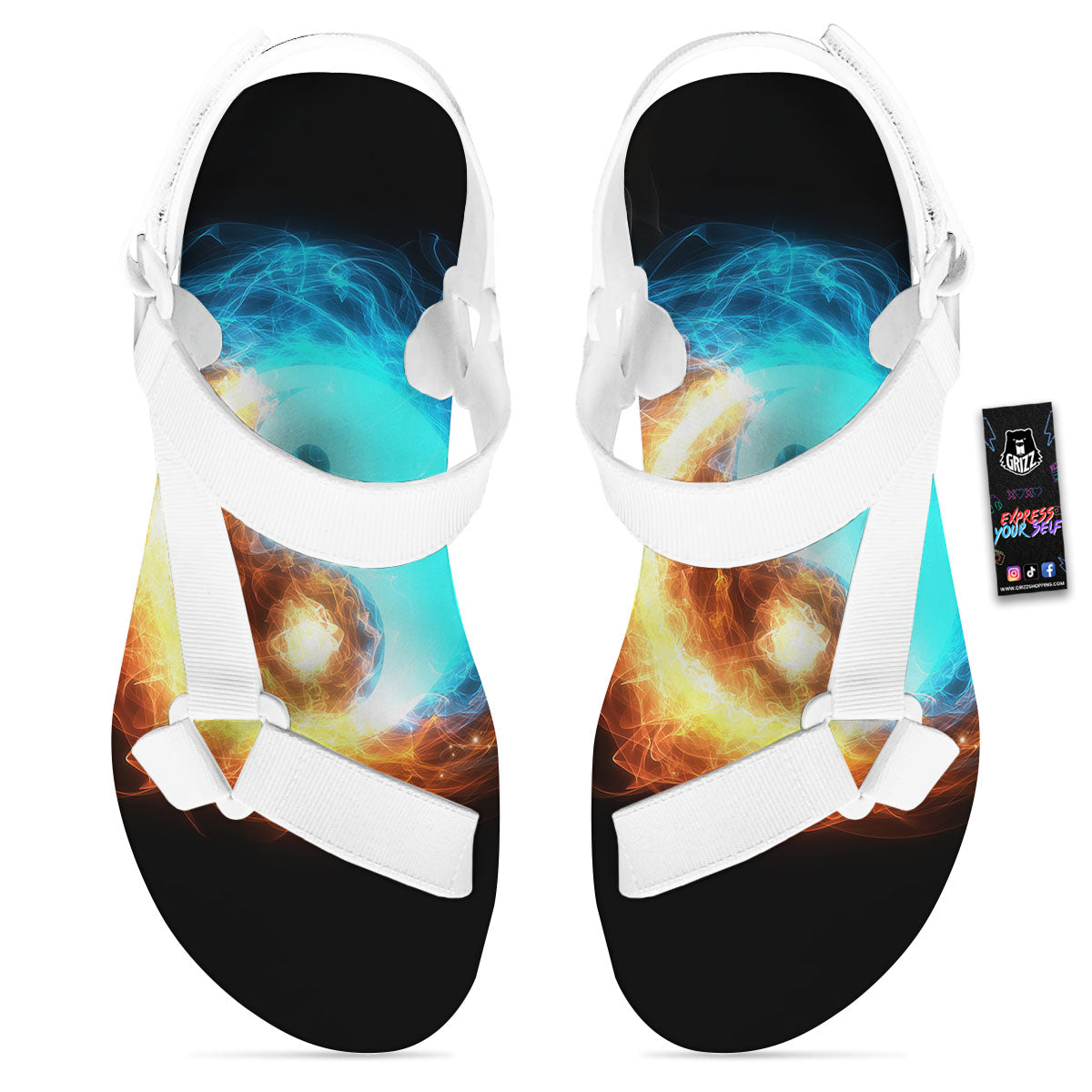 Ice And Fire Sparkle Yin Yang Print White Open Toe Sandals-grizzshop