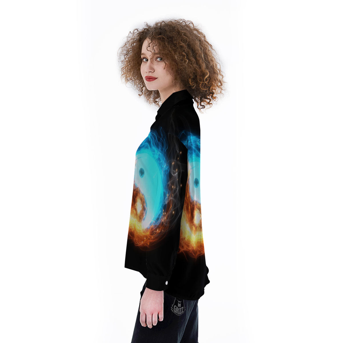 Ice And Fire Sparkle Yin Yang Print Women's Long Sleeve Shirts-grizzshop