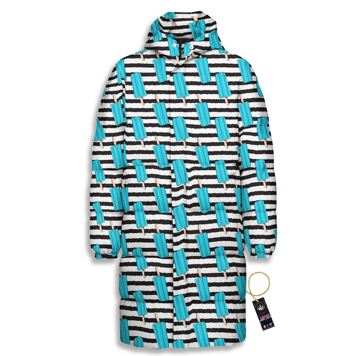 Ice Cream Black Striped Print Pattern Long Down Jacket-grizzshop