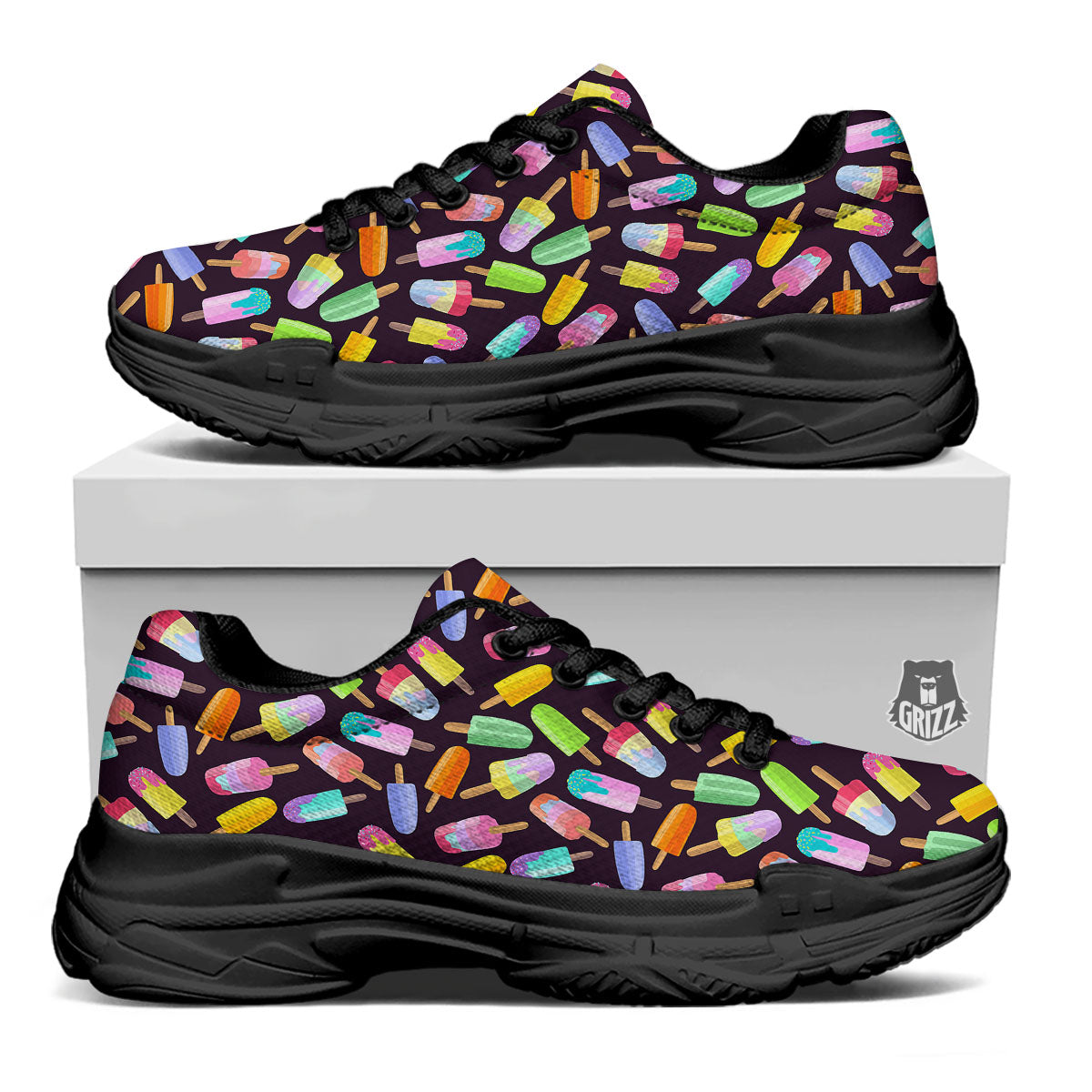 Ice Cream Colorful Print Pattern Black Chunky Shoes-grizzshop