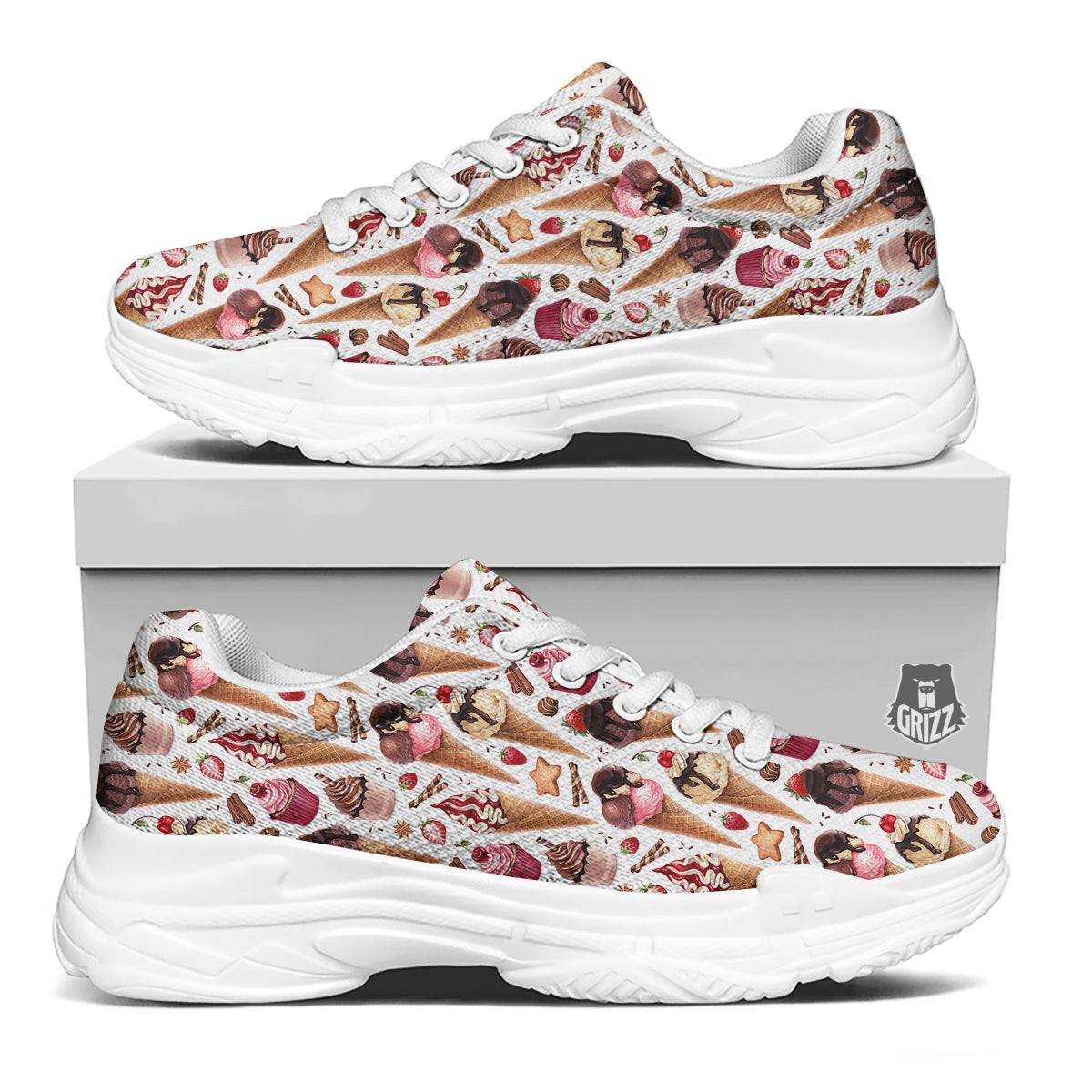 Ice Cream Cones Watercolor Print Pattern White Chunky Shoes-grizzshop