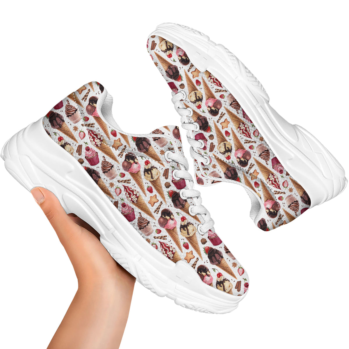 Ice Cream Cones Watercolor Print Pattern White Chunky Shoes-grizzshop