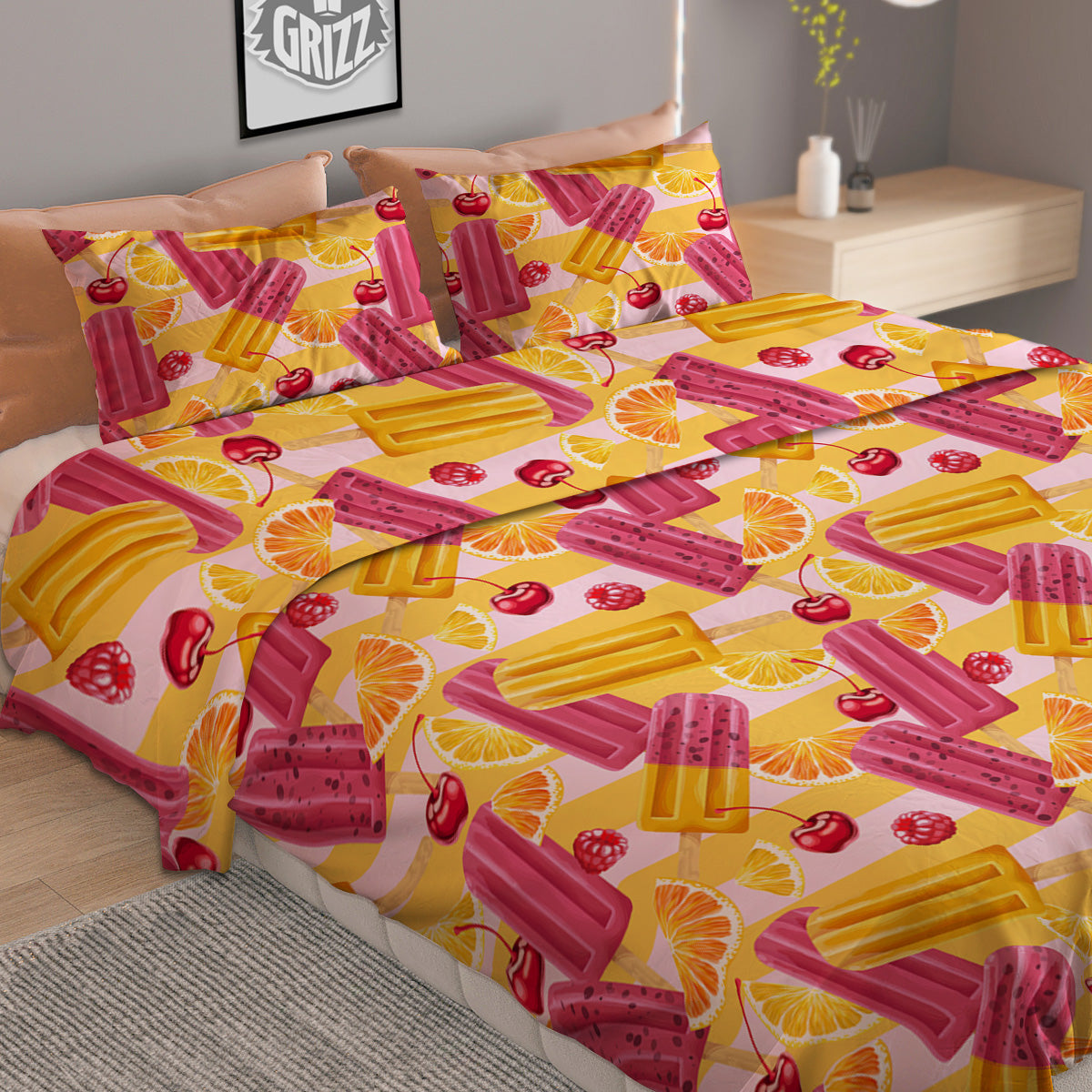 Ice Cream Fruits And Berries Print Pattern Duvet Cover Bedding Set
