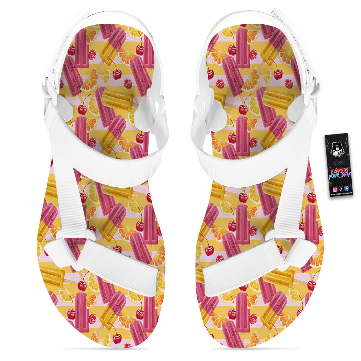Ice Cream Fruits And Berries Print Pattern White Open Toe Sandals-grizzshop