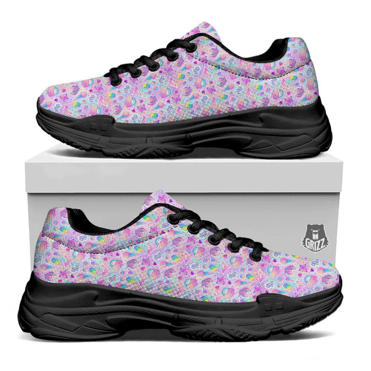 Ice Cream Girly Unicorn Print Pattern Black Chunky Shoes-grizzshop