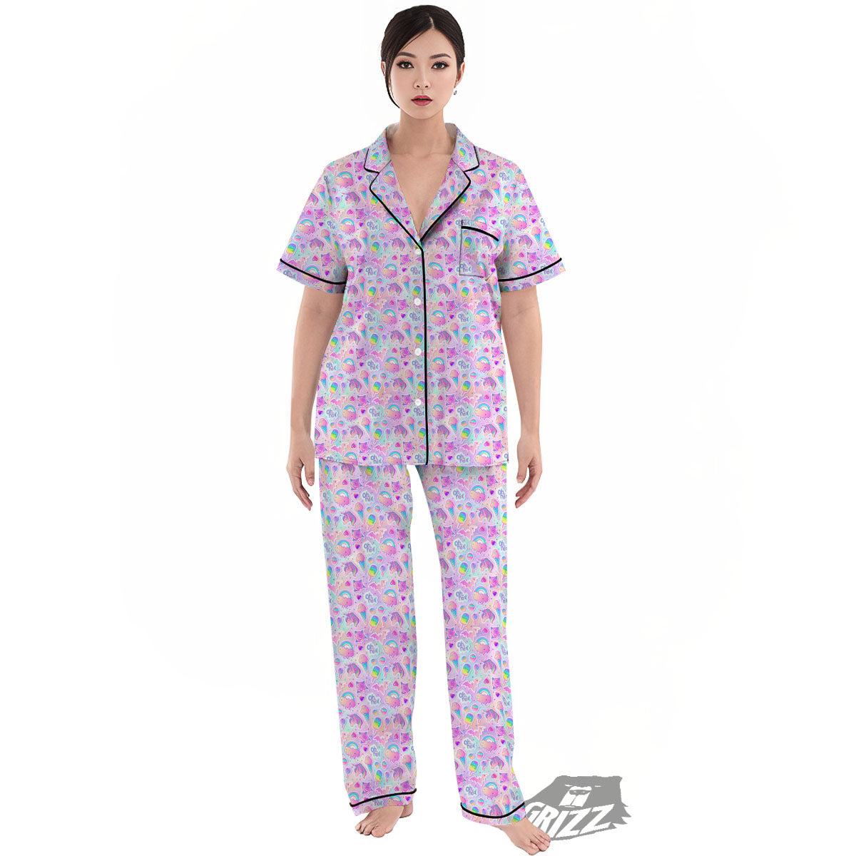 Ice Cream Girly Unicorn Print Pattern Women's Pajamas Set-grizzshop