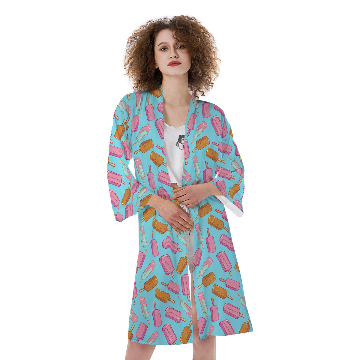 Ice Cream Pink And Brown Print Pattern Kimono-grizzshop