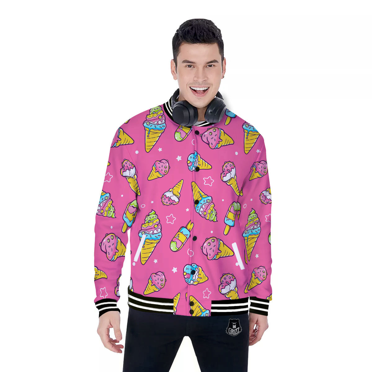 Ice Cream Pink Print Pattern Baseball Jacket-grizzshop