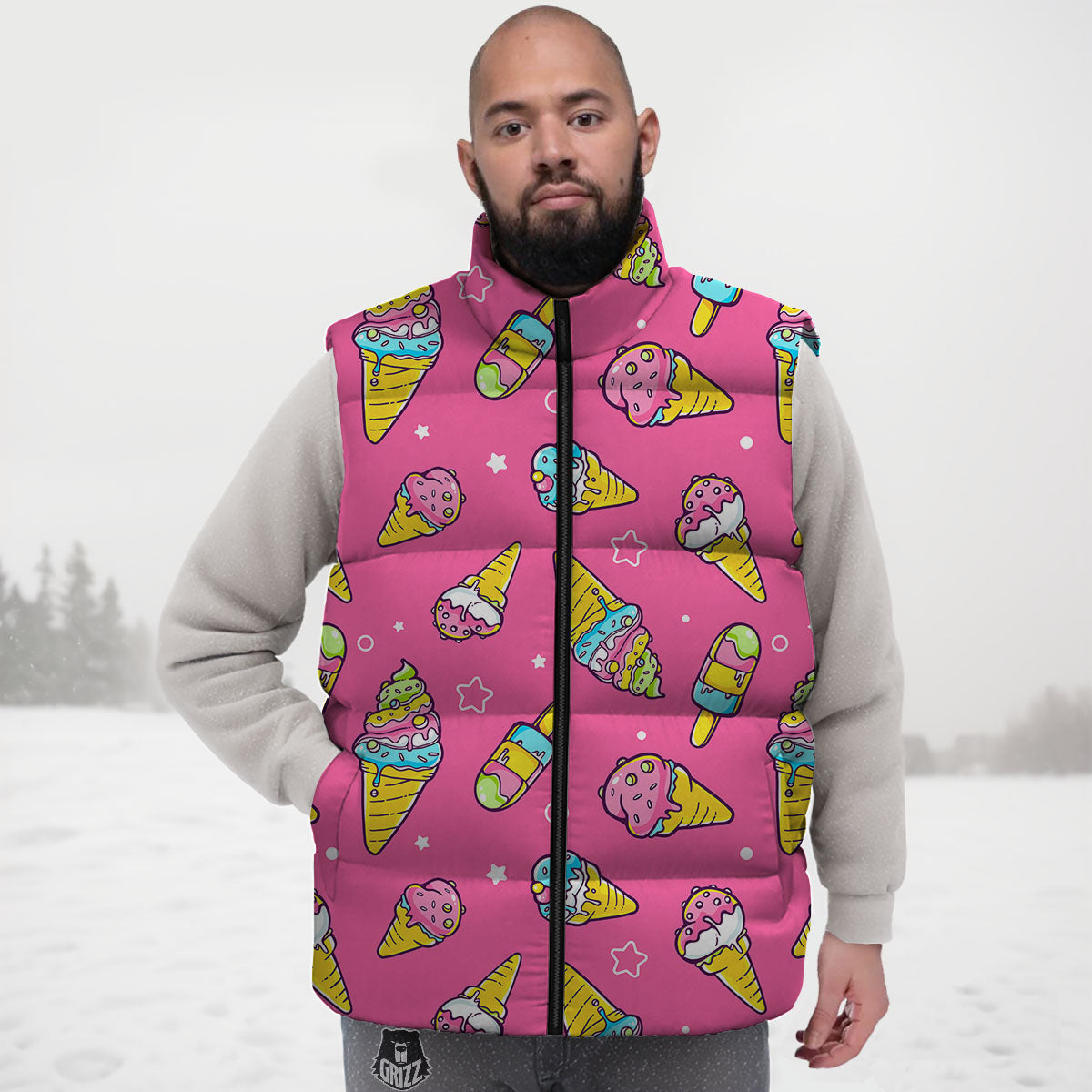 Ice Cream Pink Print Pattern Down Vest-grizzshop