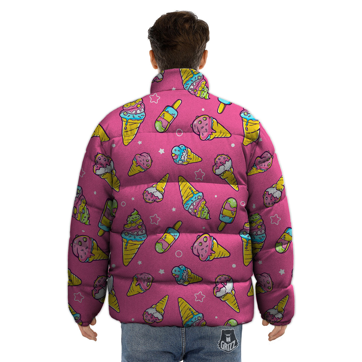 Ice Cream Pink Print Pattern Puffer Jacket-grizzshop