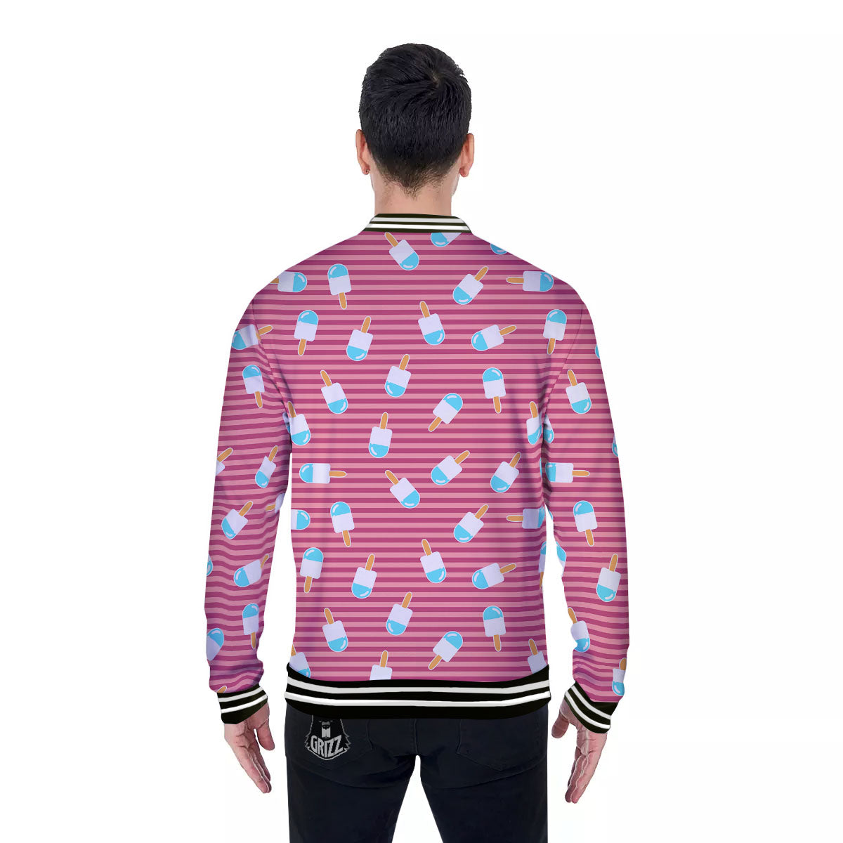 Ice Cream Pink Striped Print Pattern Baseball Jacket-grizzshop
