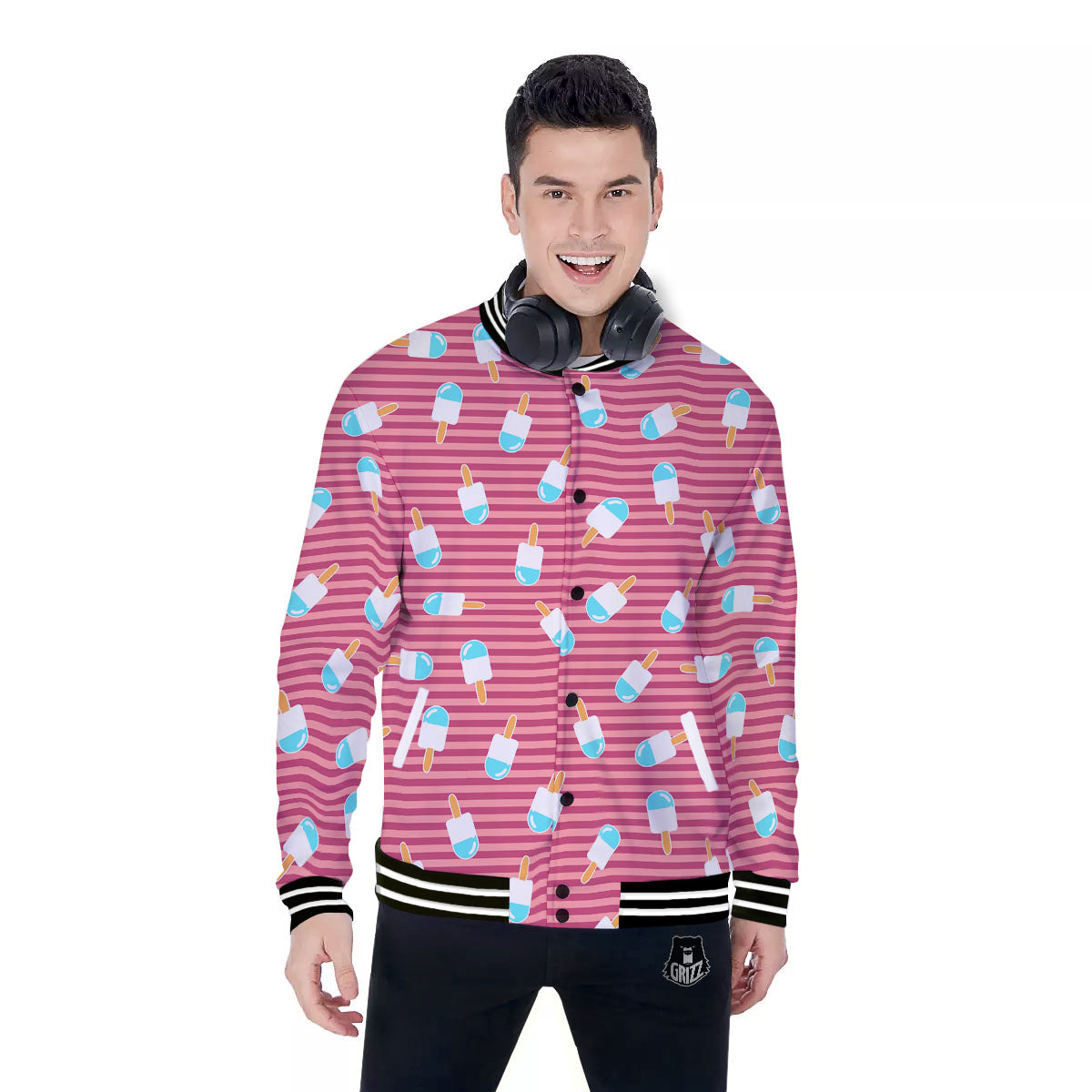 Ice Cream Pink Striped Print Pattern Baseball Jacket-grizzshop
