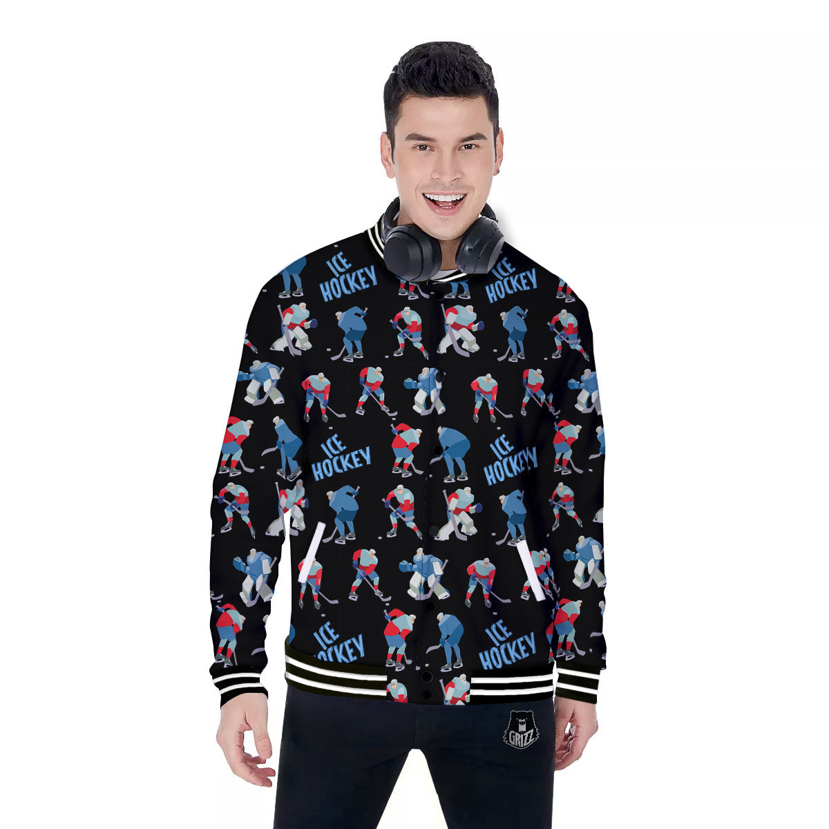 Ice Hockey Players Print Pattern Baseball Jacket-grizzshop