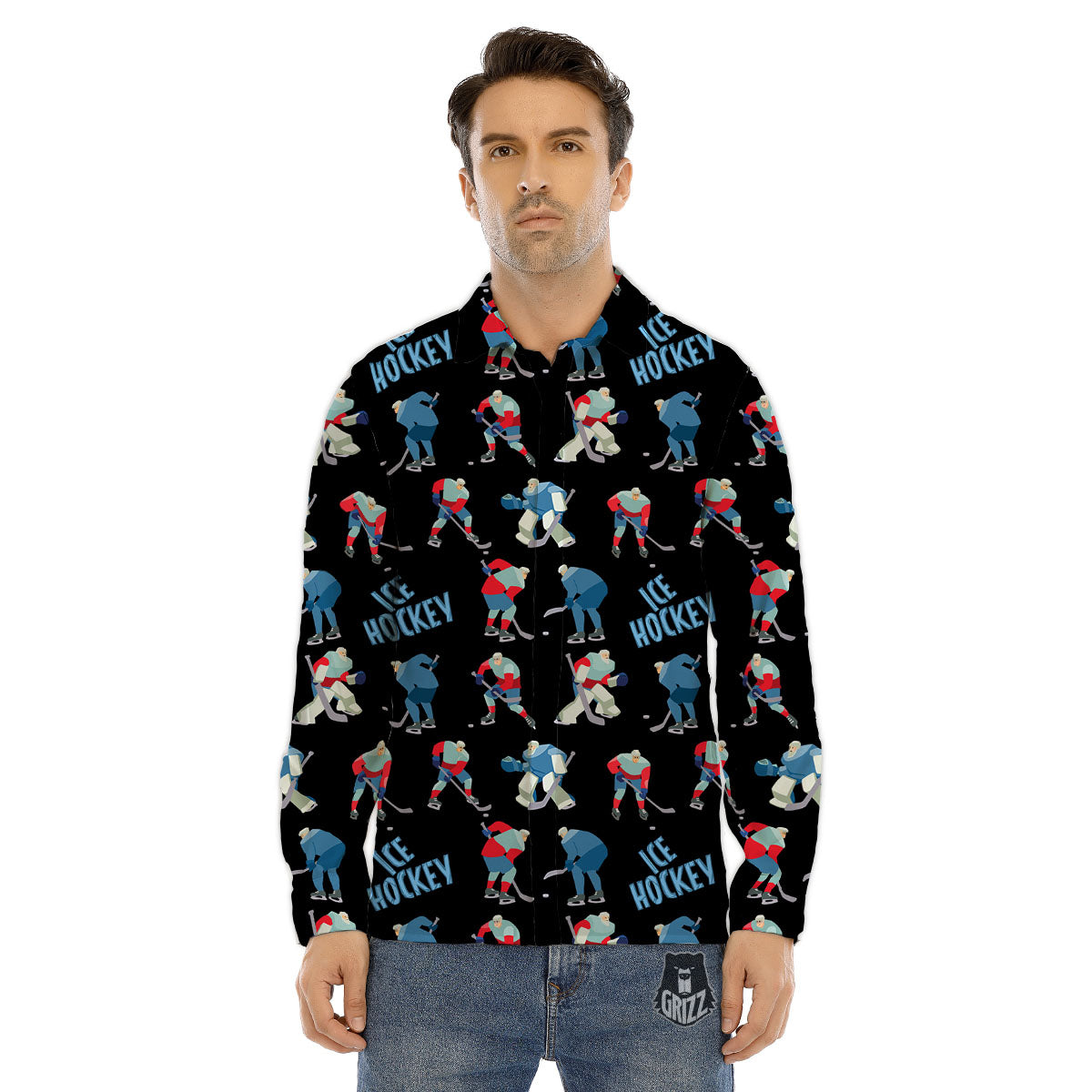 Ice Hockey Players Print Pattern Men's Dress Shirts-grizzshop