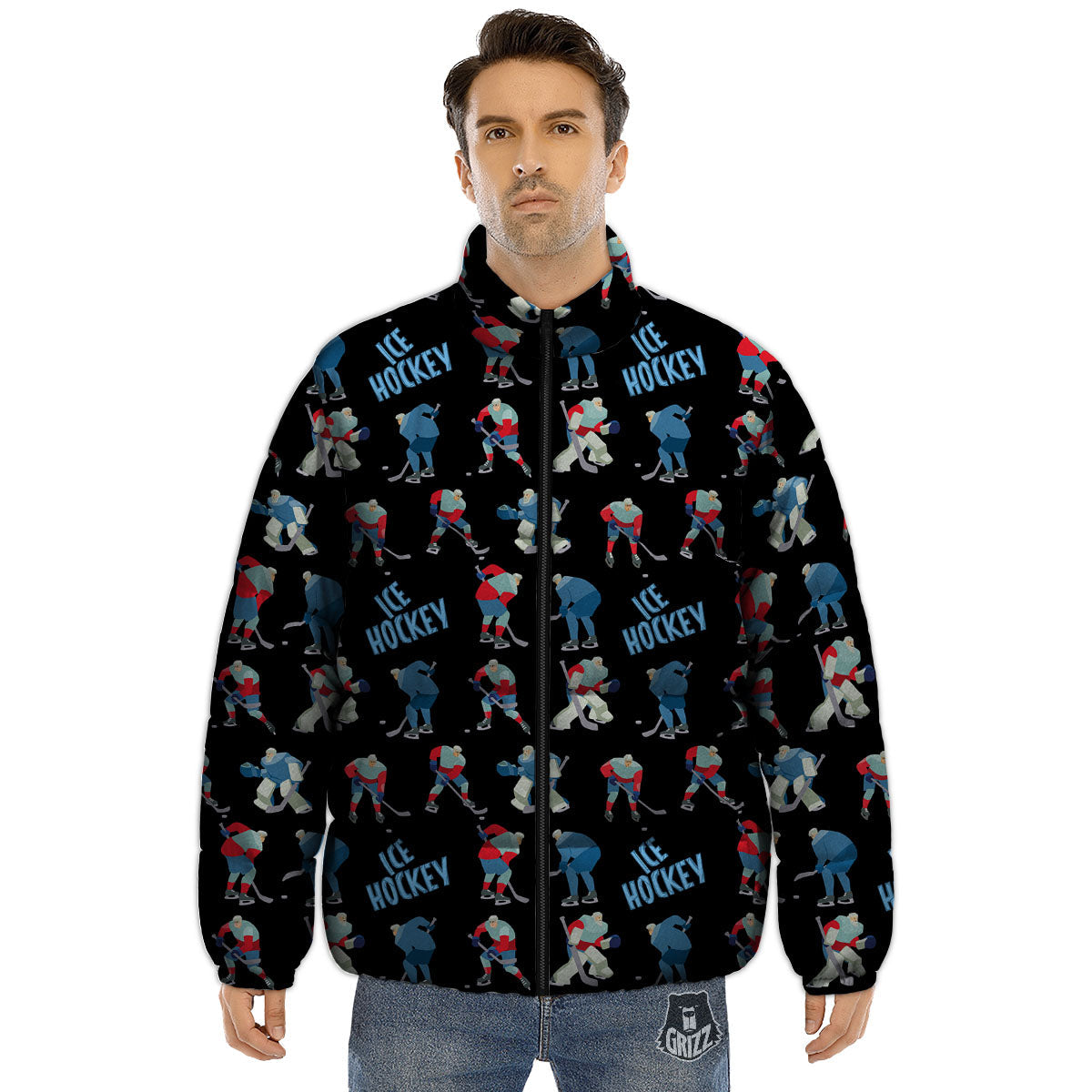 Ice Hockey Players Print Pattern Puffer Jacket-grizzshop