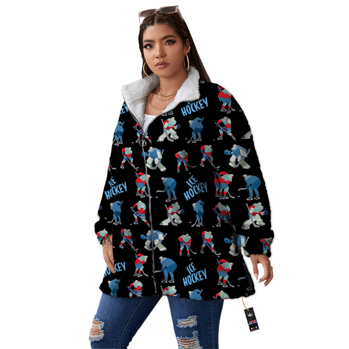 Ice Hockey Players Print Pattern Women's Sherpa Jacket-grizzshop