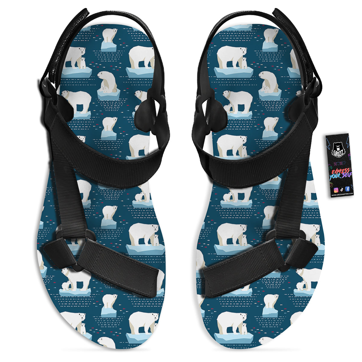 Ice Polar Bear Print Pattern Black Open Toe Sandals-grizzshop