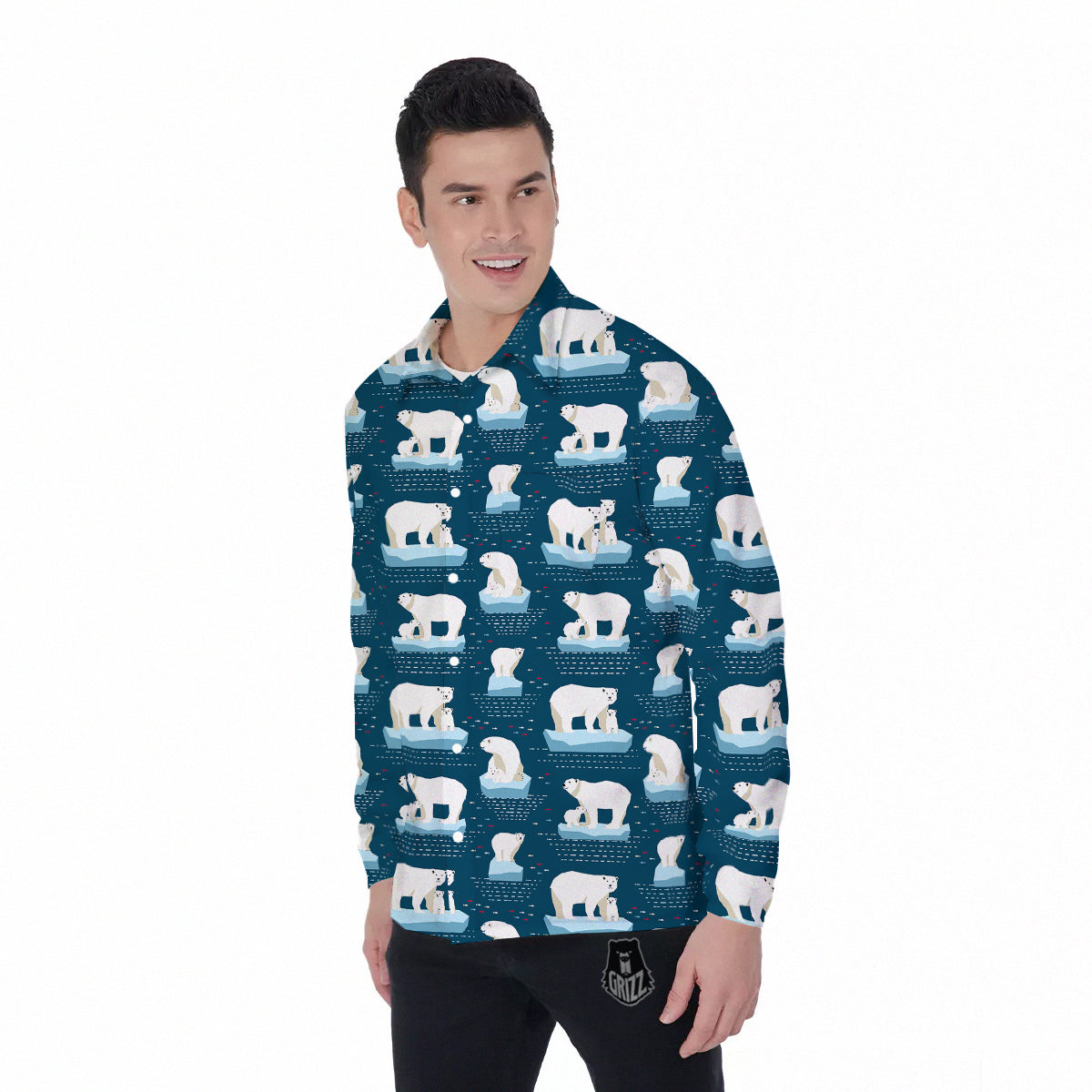 Ice Polar Bear Print Pattern Men's Long Sleeve Shirts-grizzshop