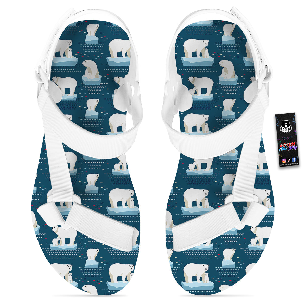Ice Polar Bear Print Pattern White Open Toe Sandals-grizzshop