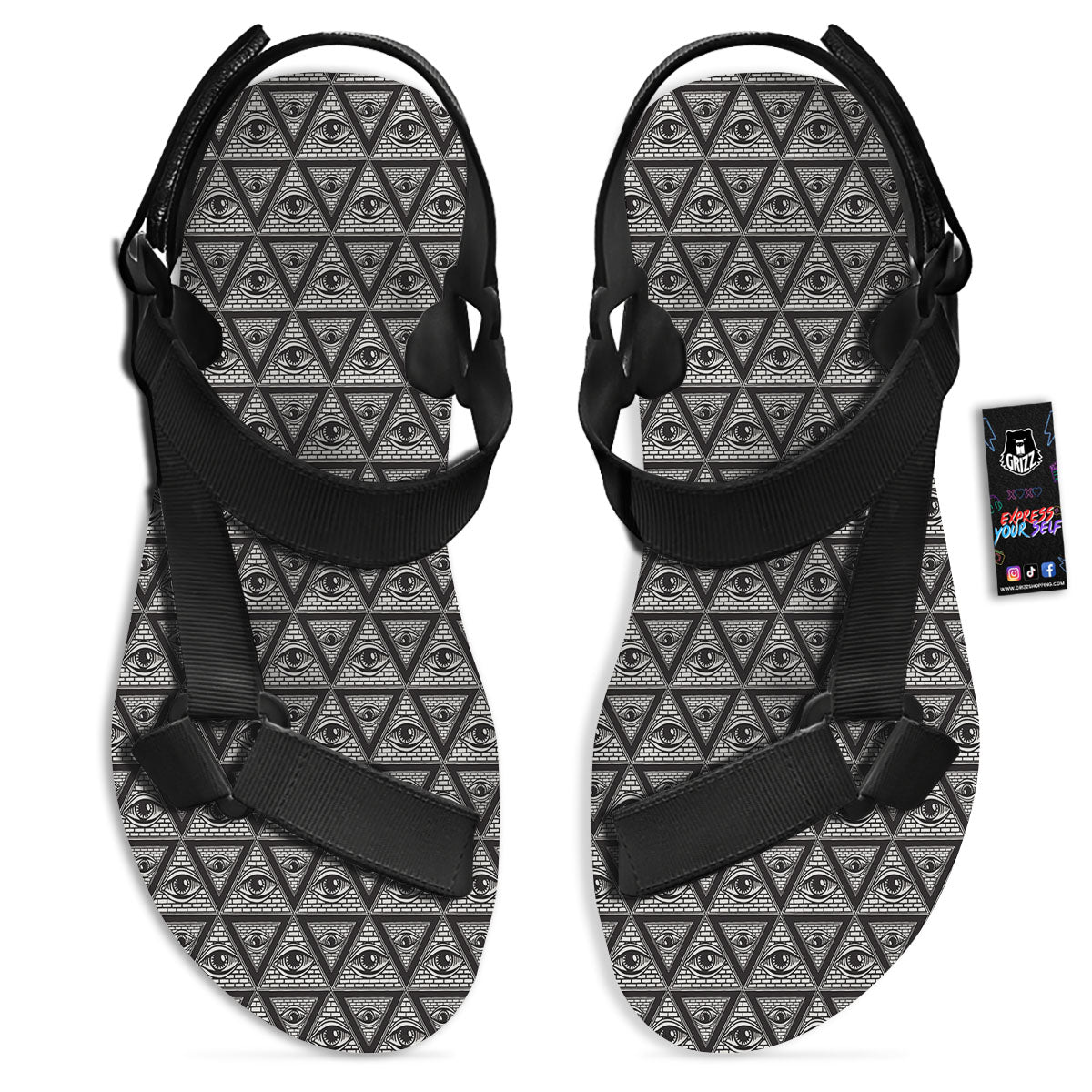Illuminati Print Pattern Black Open Toe Sandals-grizzshop