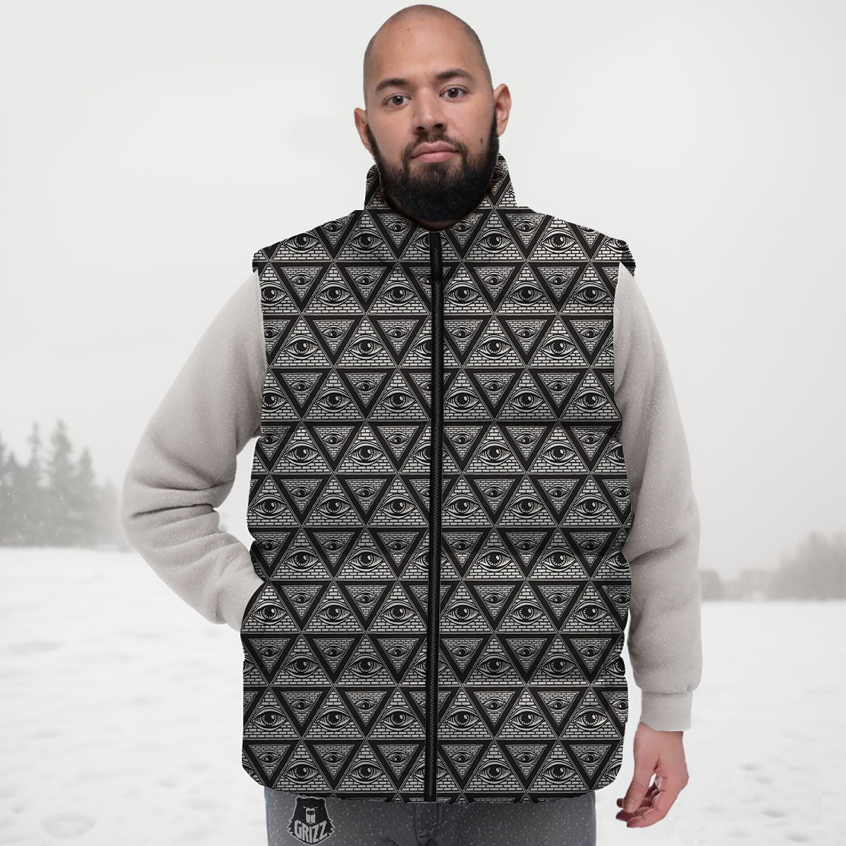 Illuminati Print Pattern Down Vest-grizzshop