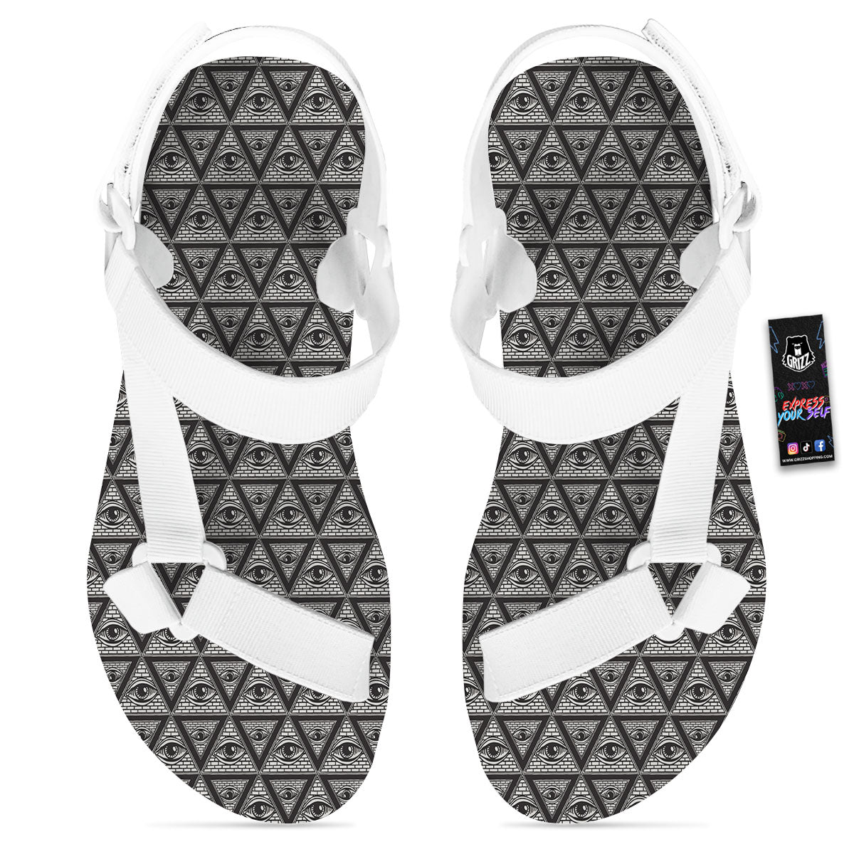 Illuminati Print Pattern White Open Toe Sandals-grizzshop