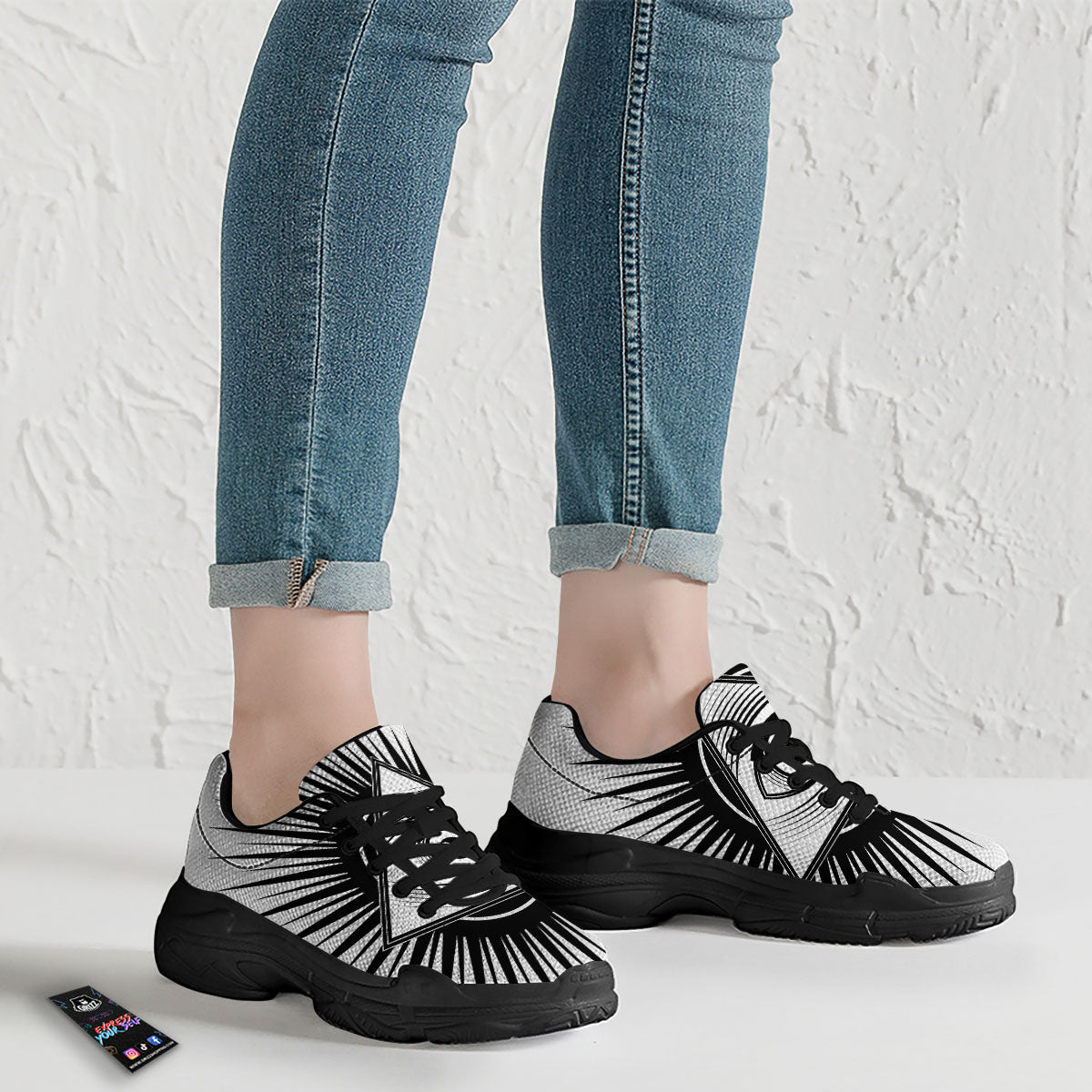 Illuminati White And Black Print Black Chunky Shoes-grizzshop