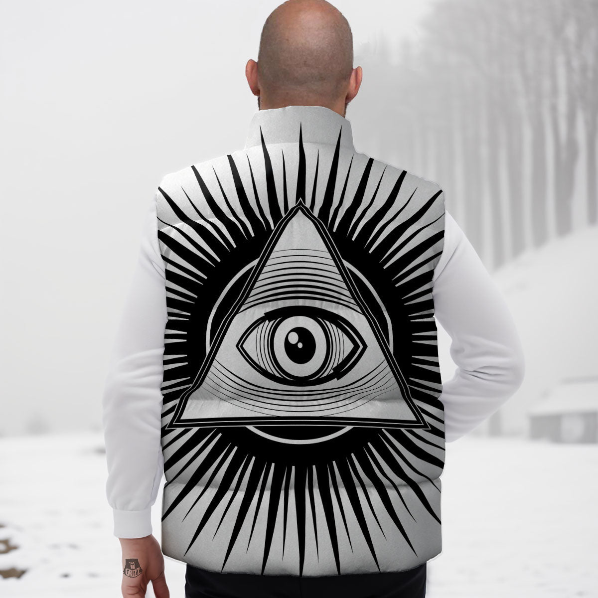 Illuminati White And Black Print Down Vest