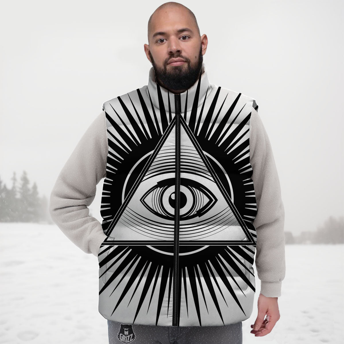 Illuminati White And Black Print Down Vest