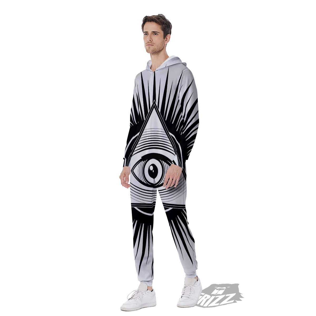 Illuminati White And Black Print Men's Jumpsuit-grizzshop