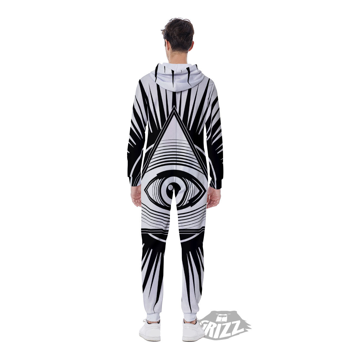 Illuminati White And Black Print Men's Jumpsuit-grizzshop
