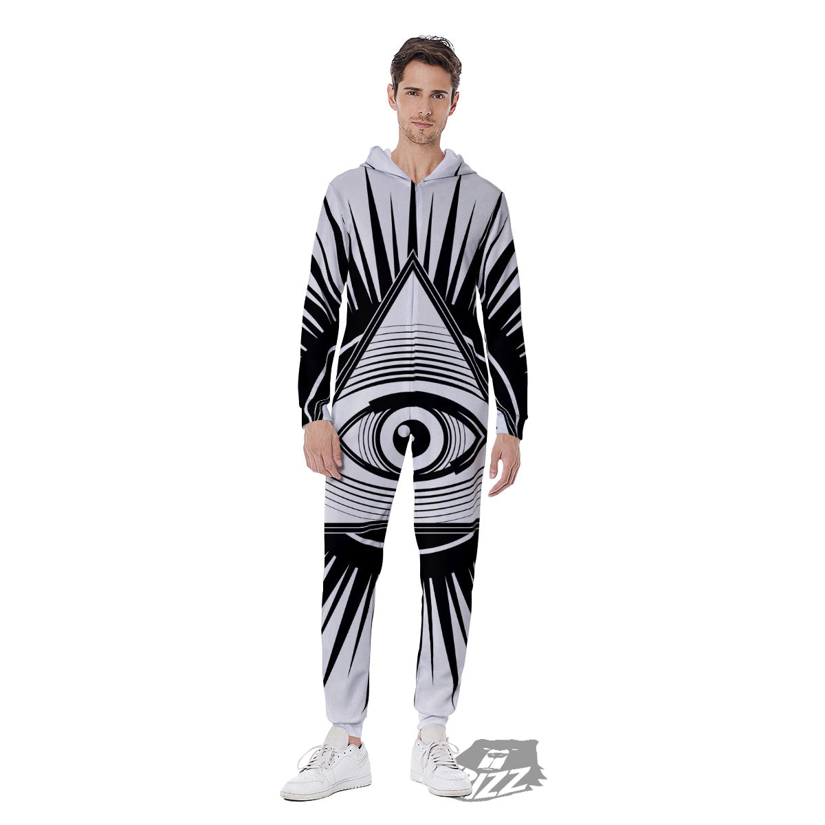 Illuminati White And Black Print Men's Jumpsuit-grizzshop