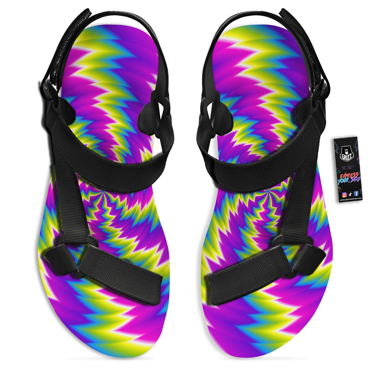 Illusion Optical Psychedelic Radiant Black Open Toe Sandals-grizzshop