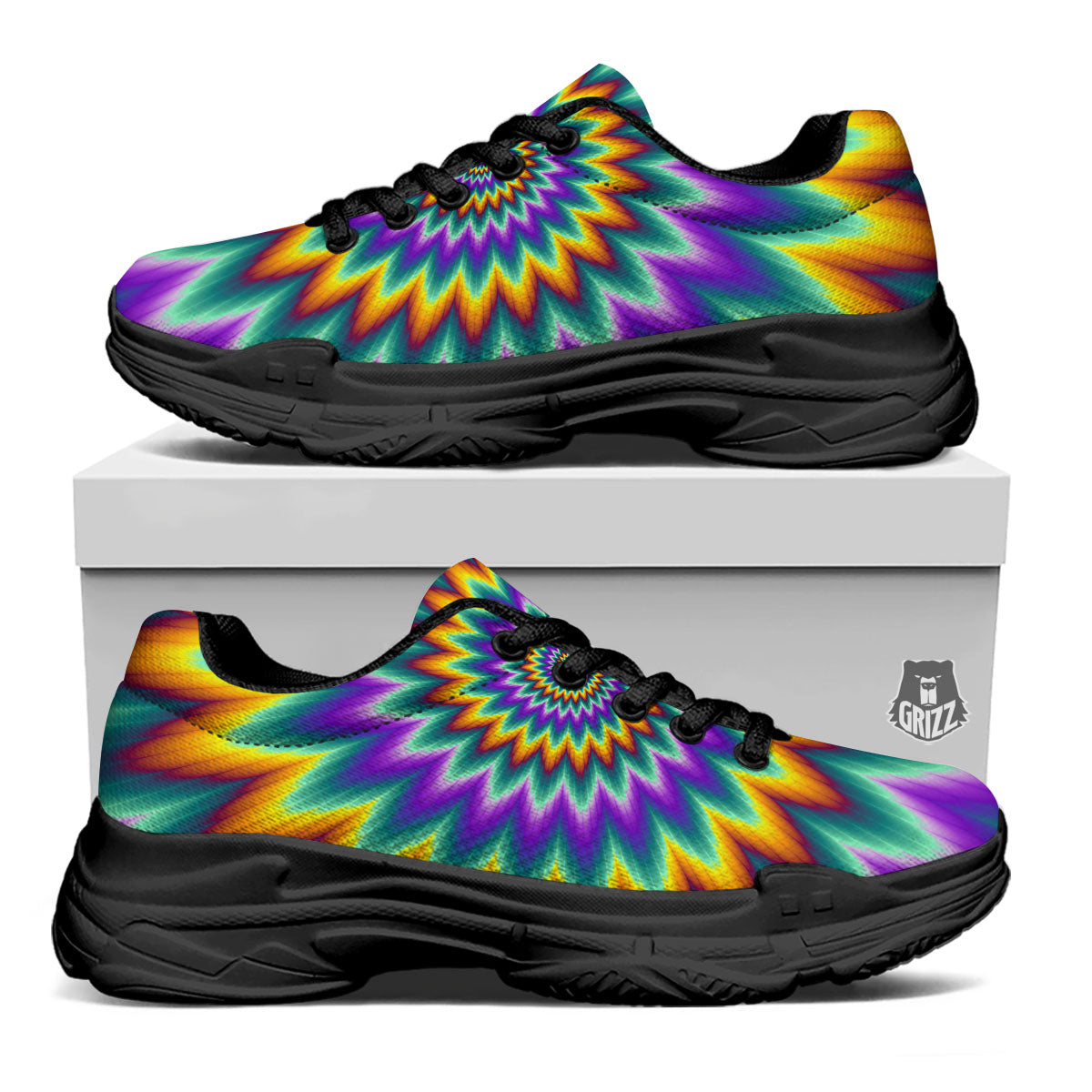Illusion Optical Rave Psychedelic Black Chunky Shoes-grizzshop