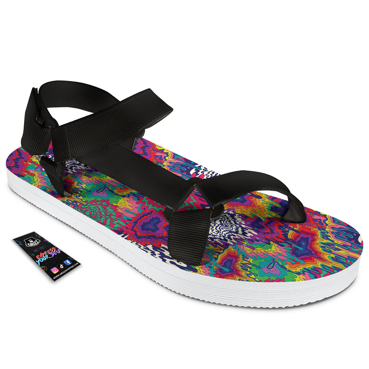 Illusion Psychedelic Print Pattern Black Open Toe Sandals-grizzshop