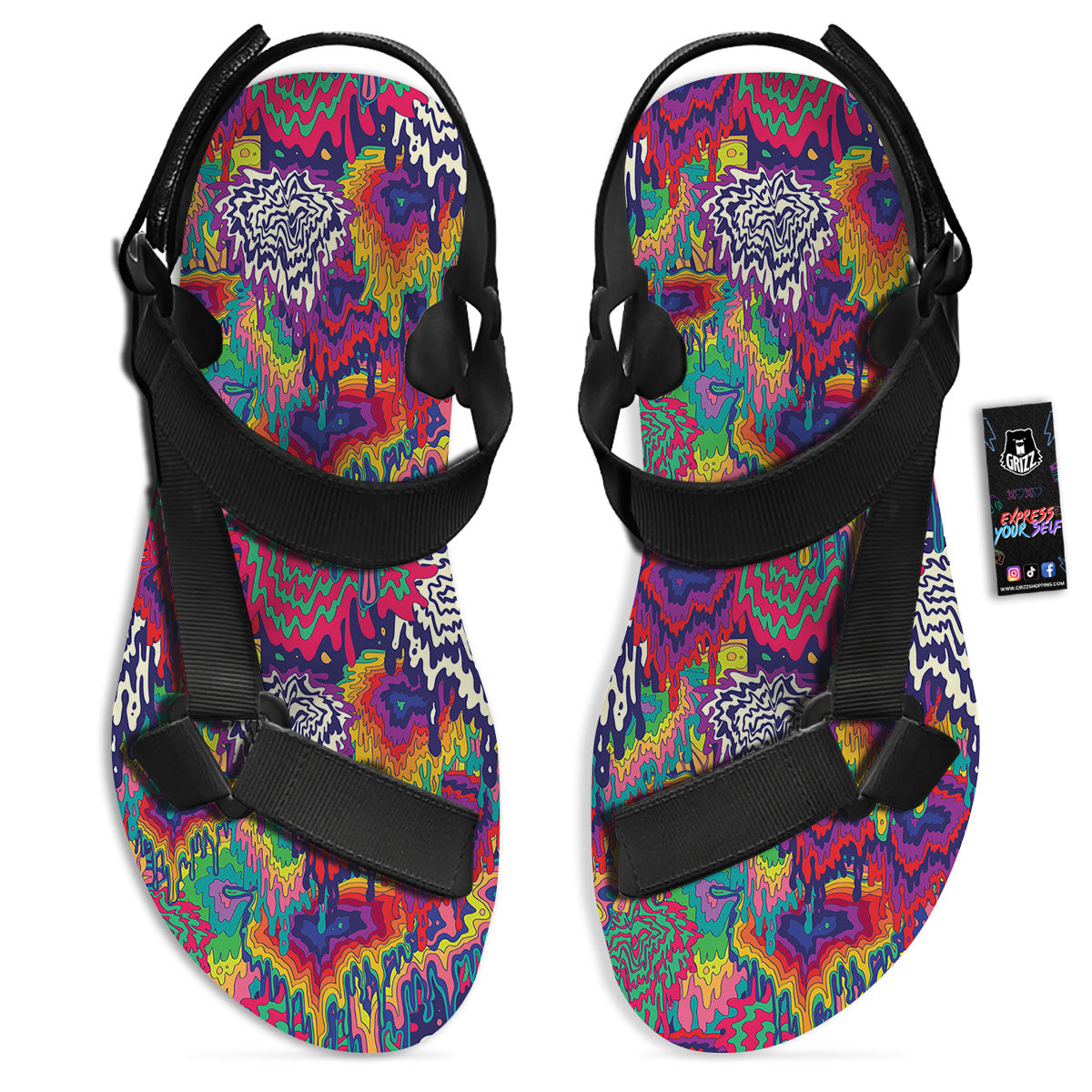 Illusion Psychedelic Print Pattern Black Open Toe Sandals-grizzshop