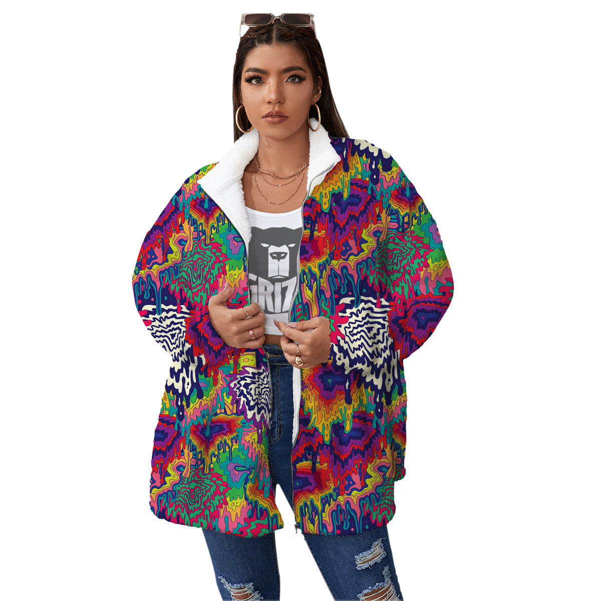 Illusion Psychedelic Print Pattern Women's Sherpa Jacket-grizzshop