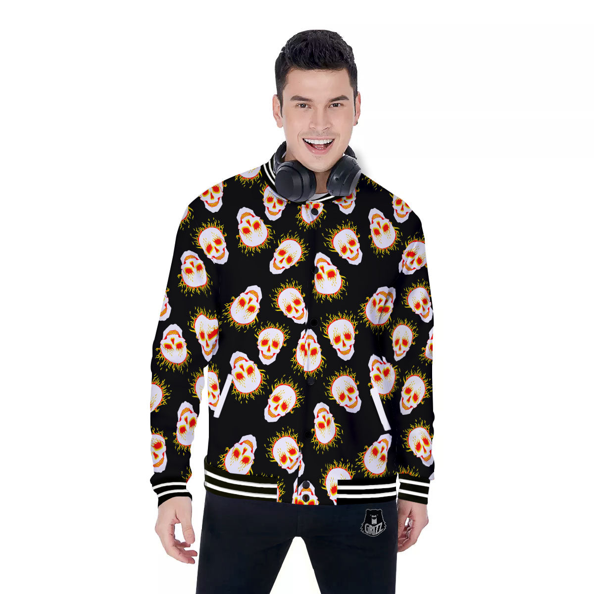 In Flames Skull Print Pattern Baseball Jacket-grizzshop