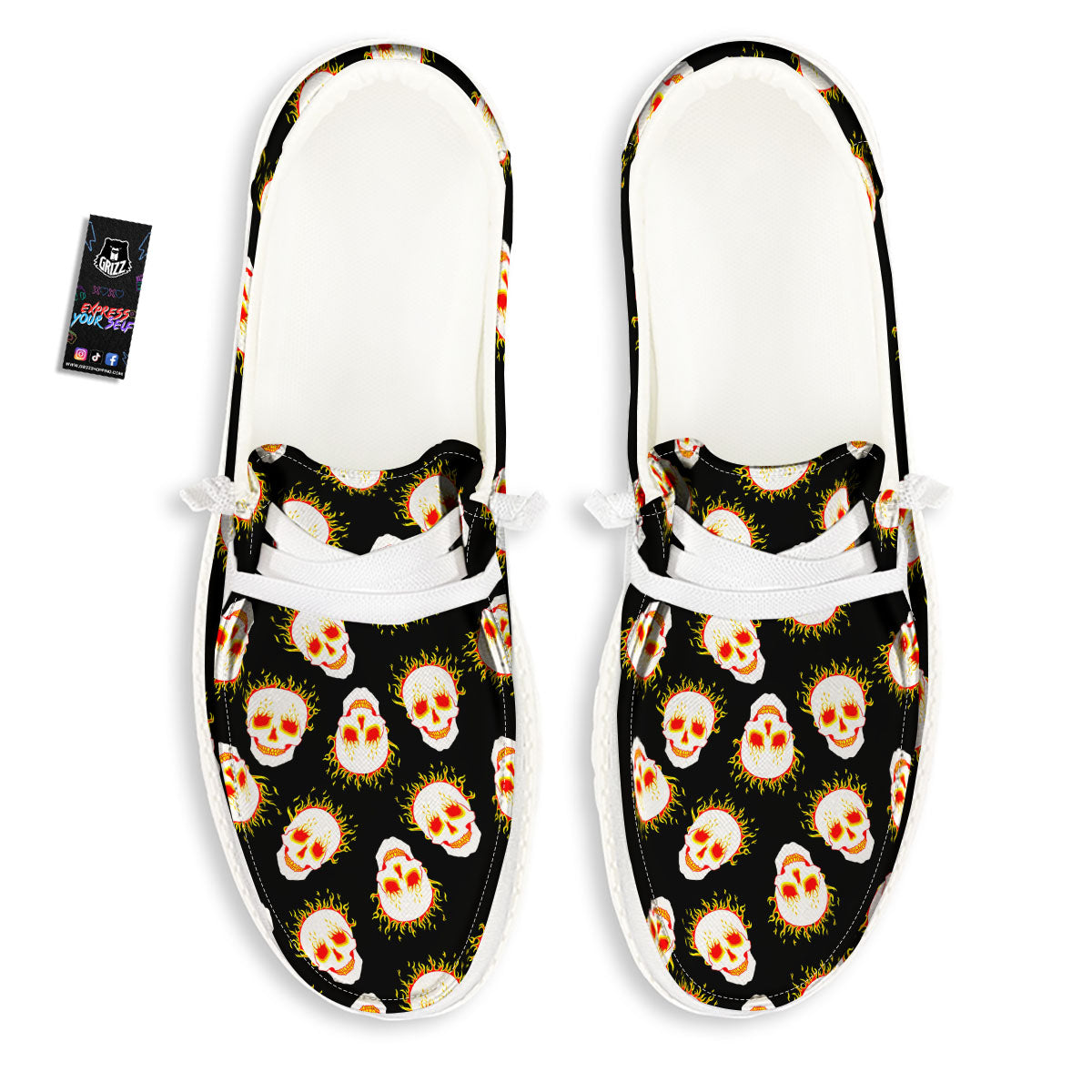 In Flames Skull Print Pattern Black Loafers-grizzshop