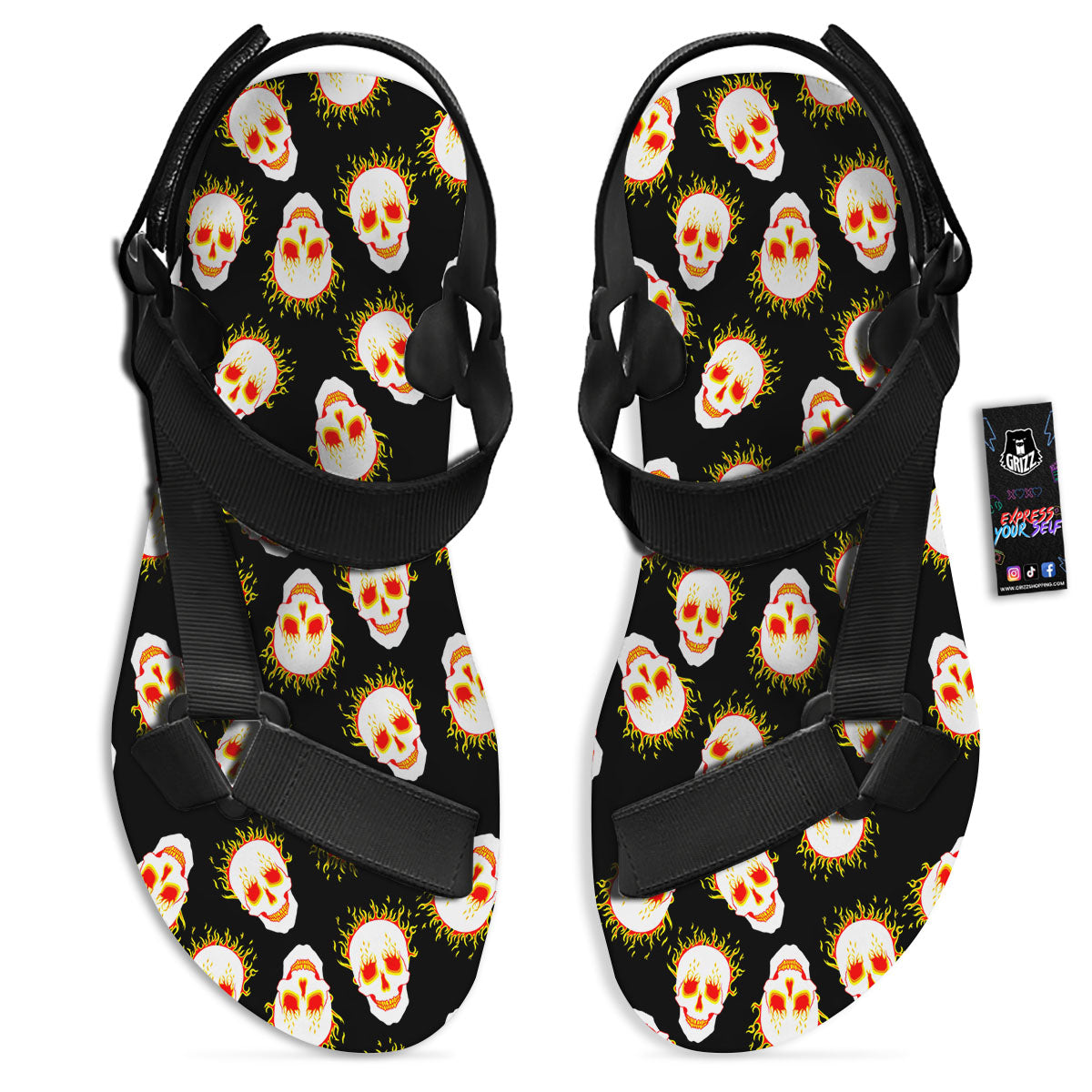 In Flames Skull Print Pattern Black Open Toe Sandals-grizzshop